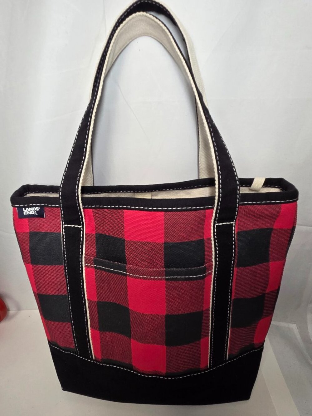 Lands’ End Buffalo Plaid Canvas Red & Black Tote Bag 5-Pocket Carryall BAG